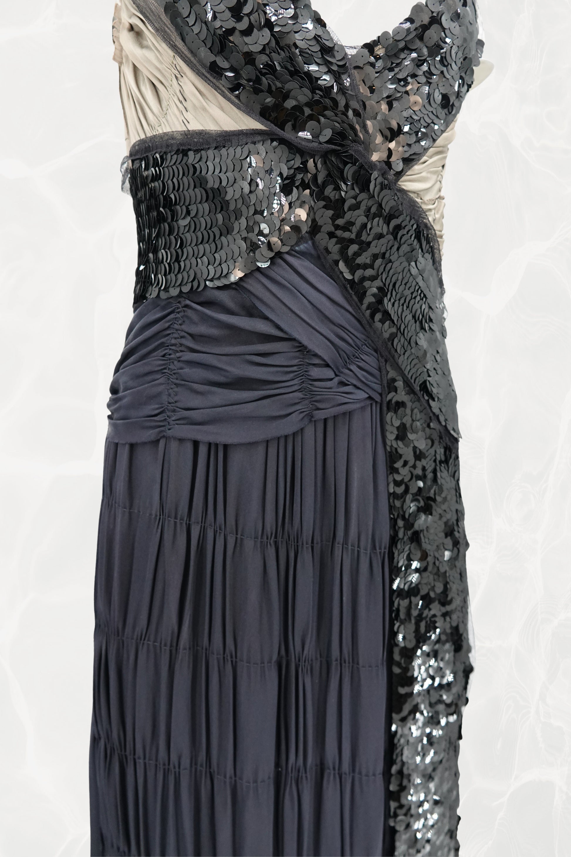 SS04 Asymmetric Silk  Navy Evening Gown with Sequin Wrap Panel