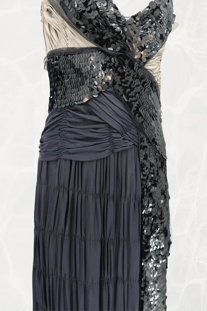SS04 Asymmetric Silk  Navy Evening Gown with Sequin Wrap Panel