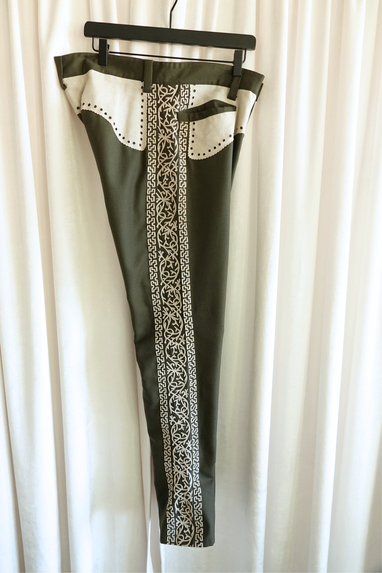 Vintage 1970s Olive Embroidered Flare Trousers with Suede Appliqué