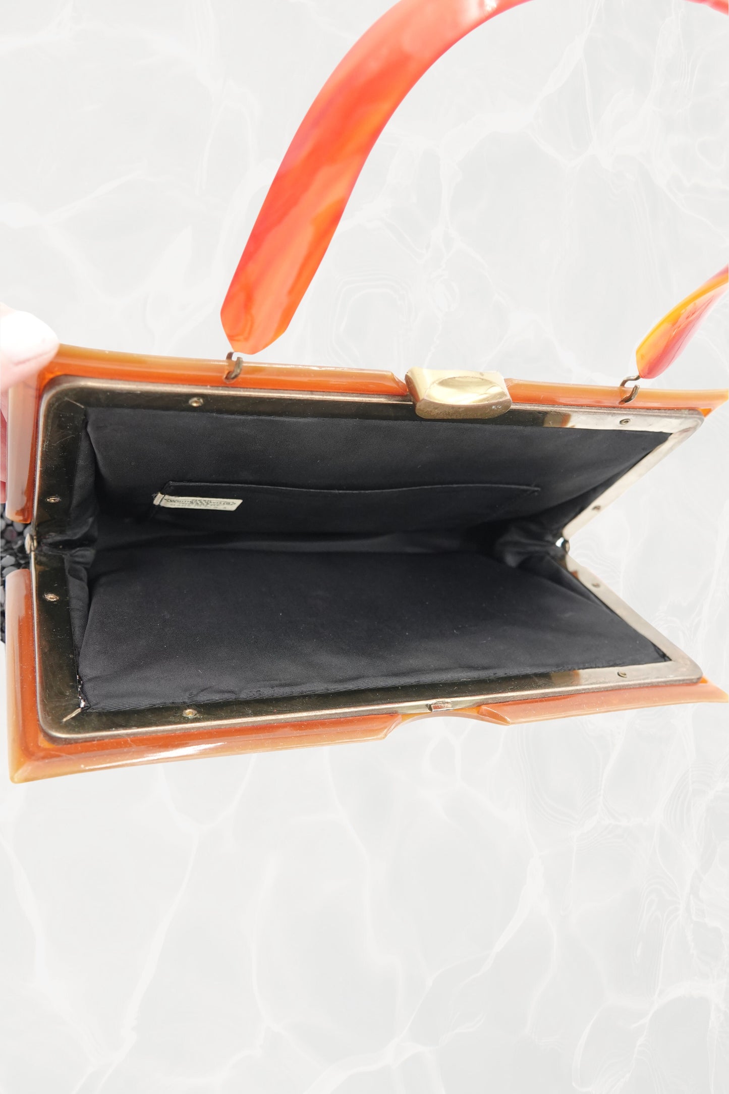 Black Mesh Evening Bag with Orange Bakelite Handle
