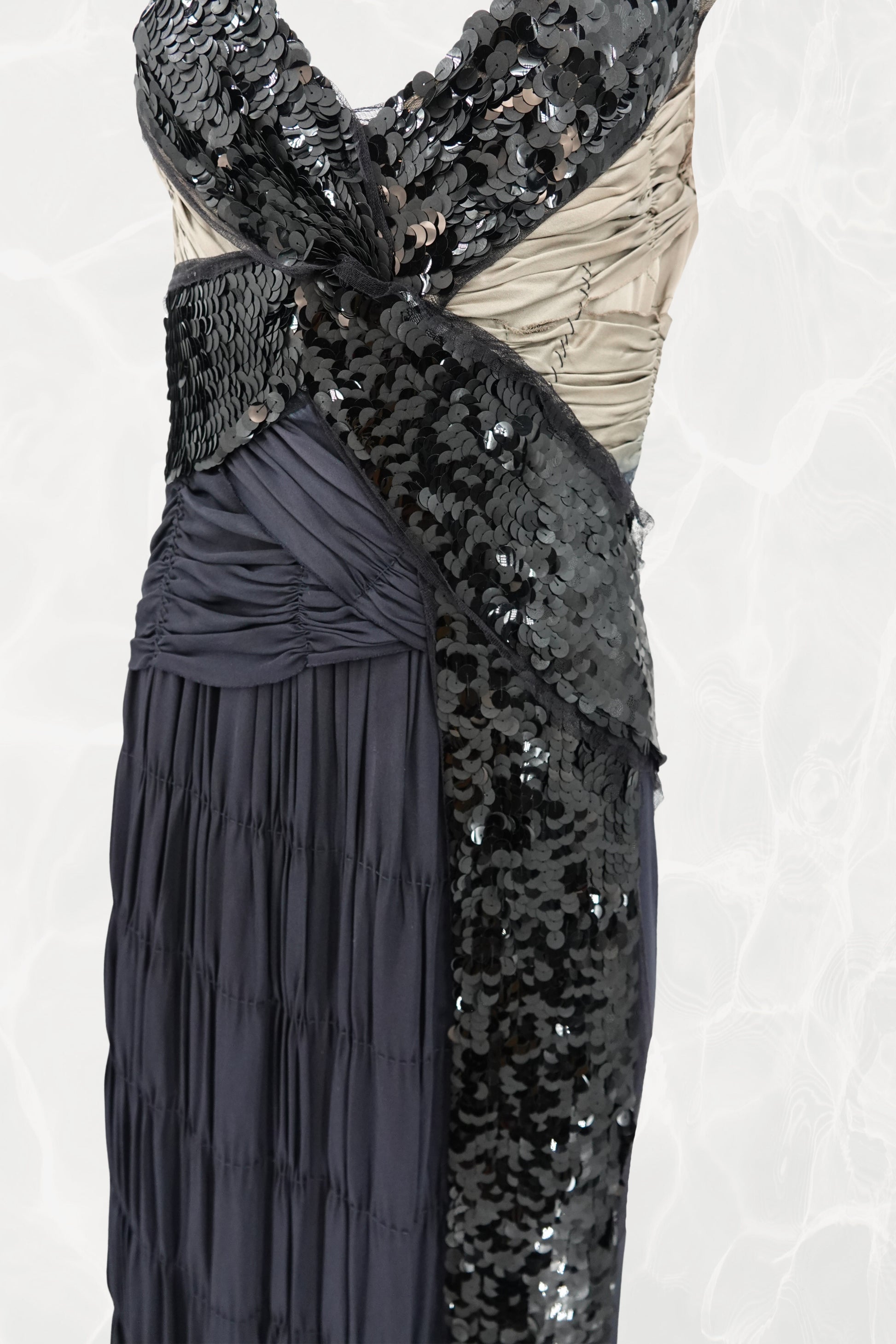 SS04 Asymmetric Silk  Navy Evening Gown with Sequin Wrap Panel