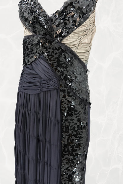 SS04 Asymmetric Silk  Navy Evening Gown with Sequin Wrap Panel