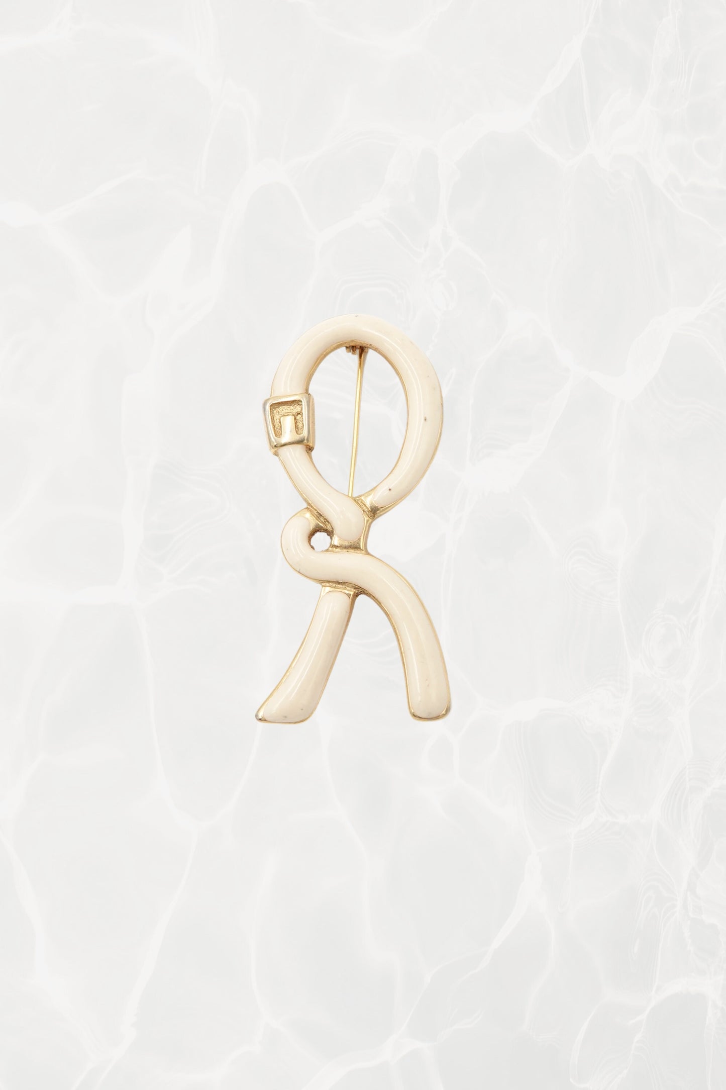 1980's Cream & Gold Enamel Ribbon “R” Logo Brooch