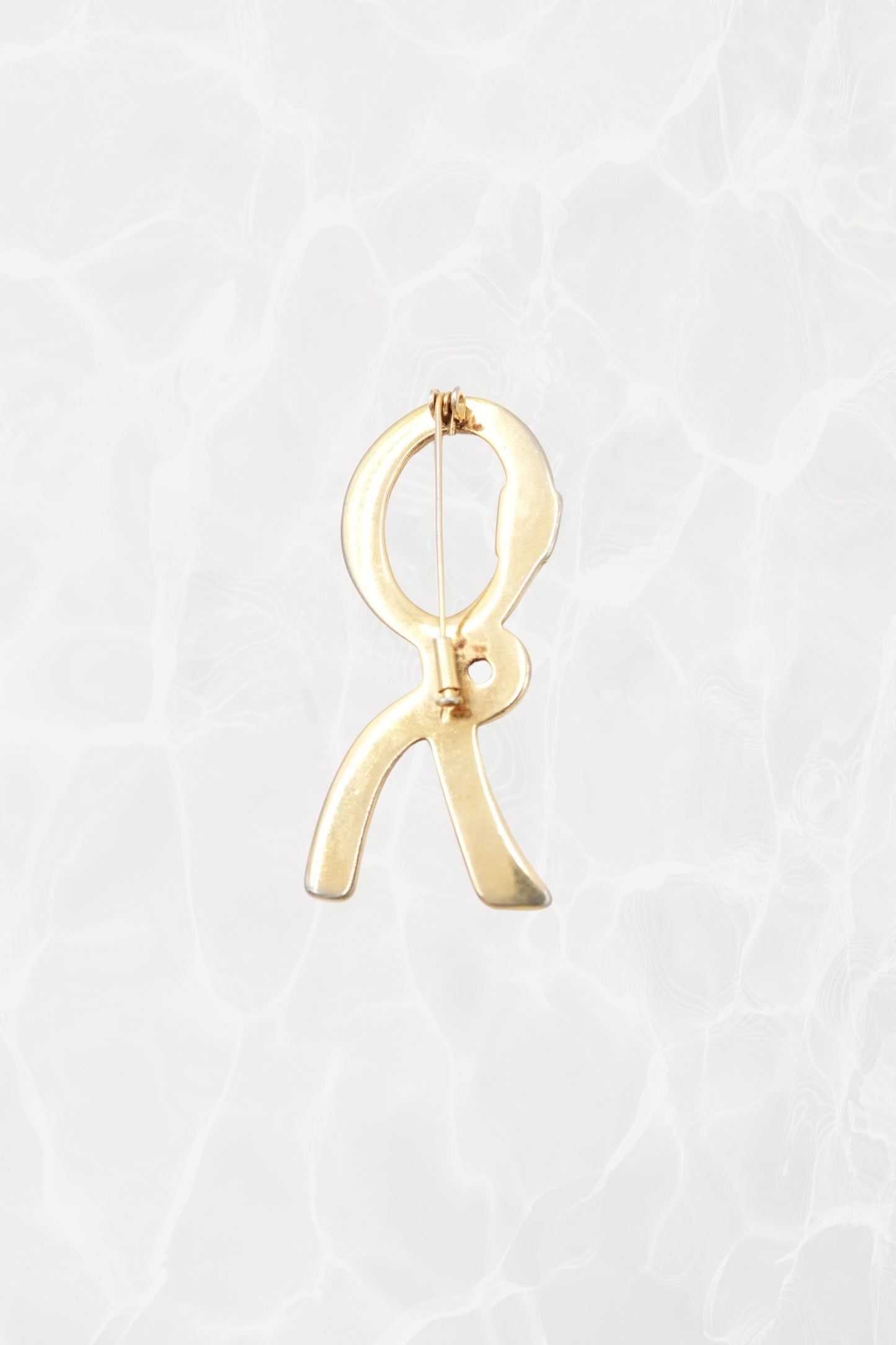 1980's Cream & Gold Enamel Ribbon “R” Logo Brooch