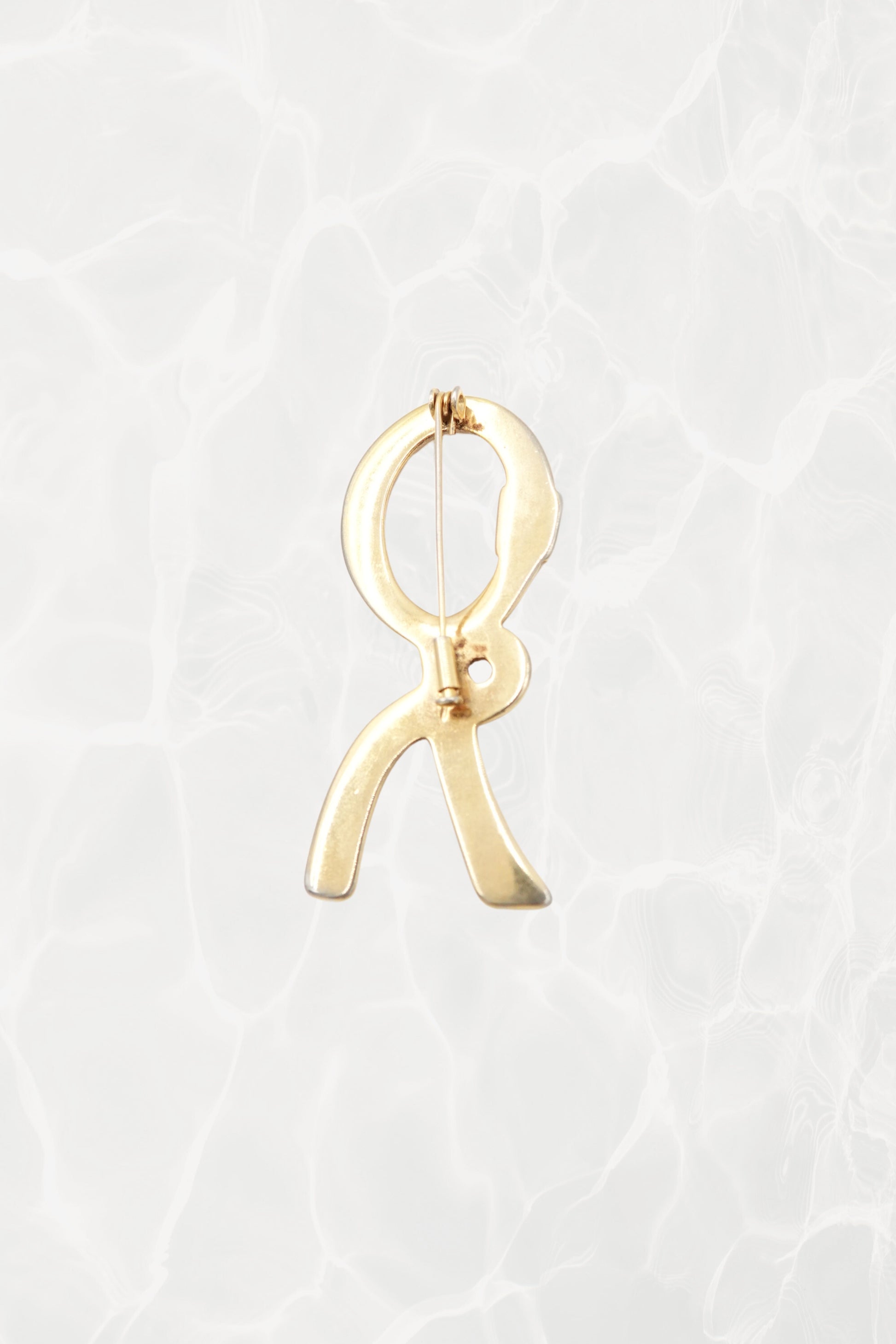 1980's Cream & Gold Enamel Ribbon “R” Logo Brooch