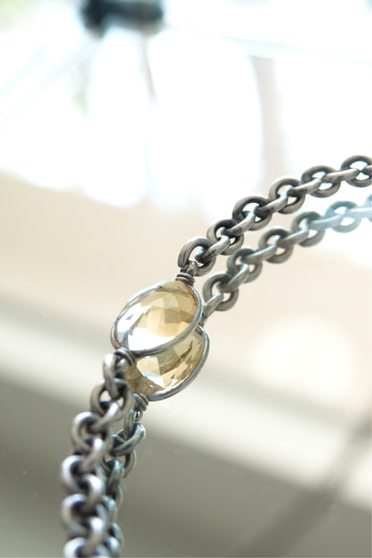 Vintage Sterling Silver Double-Link Chain Necklace with Faceted Citrine