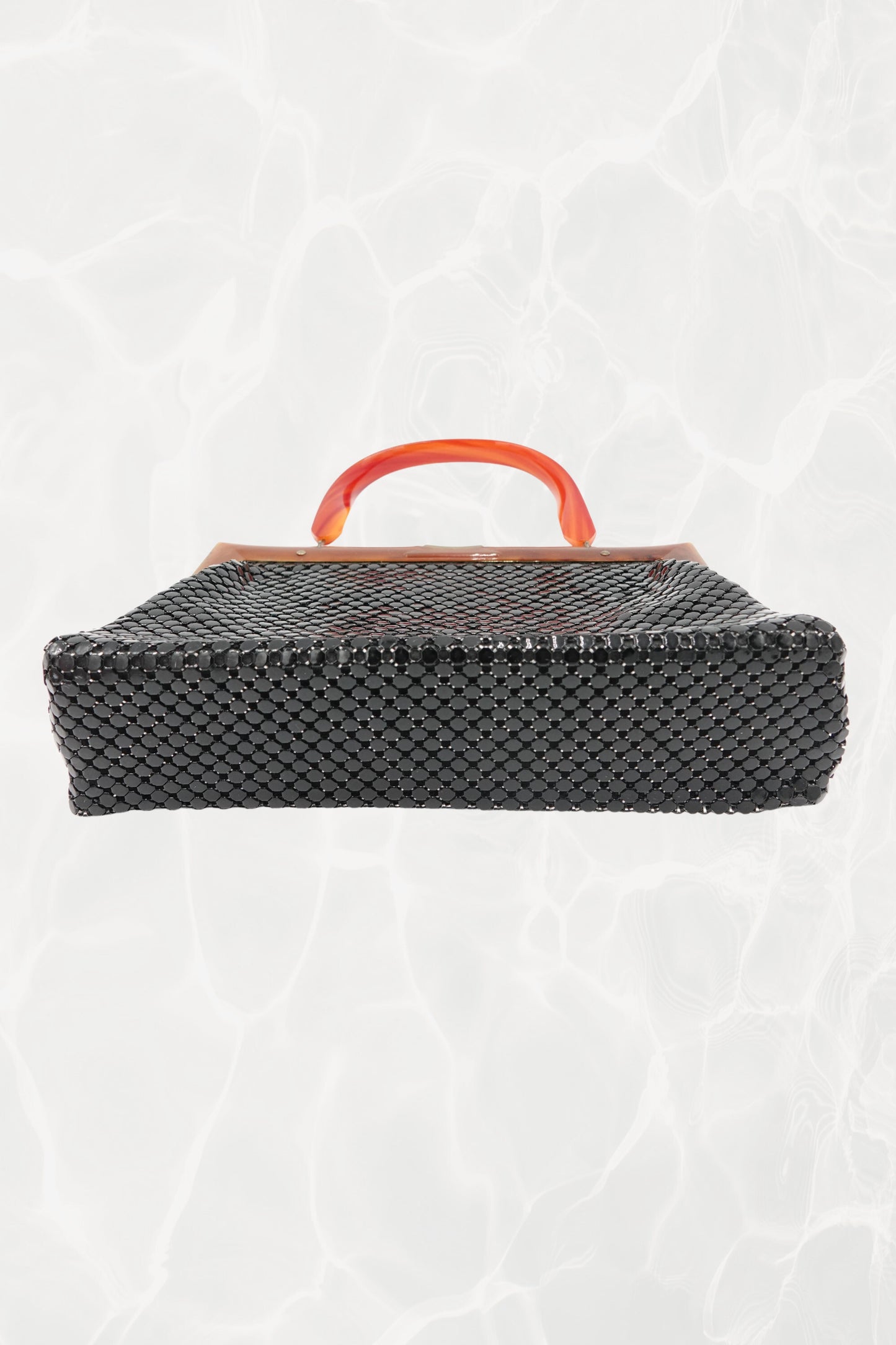 Black Mesh Evening Bag with Orange Bakelite Handle