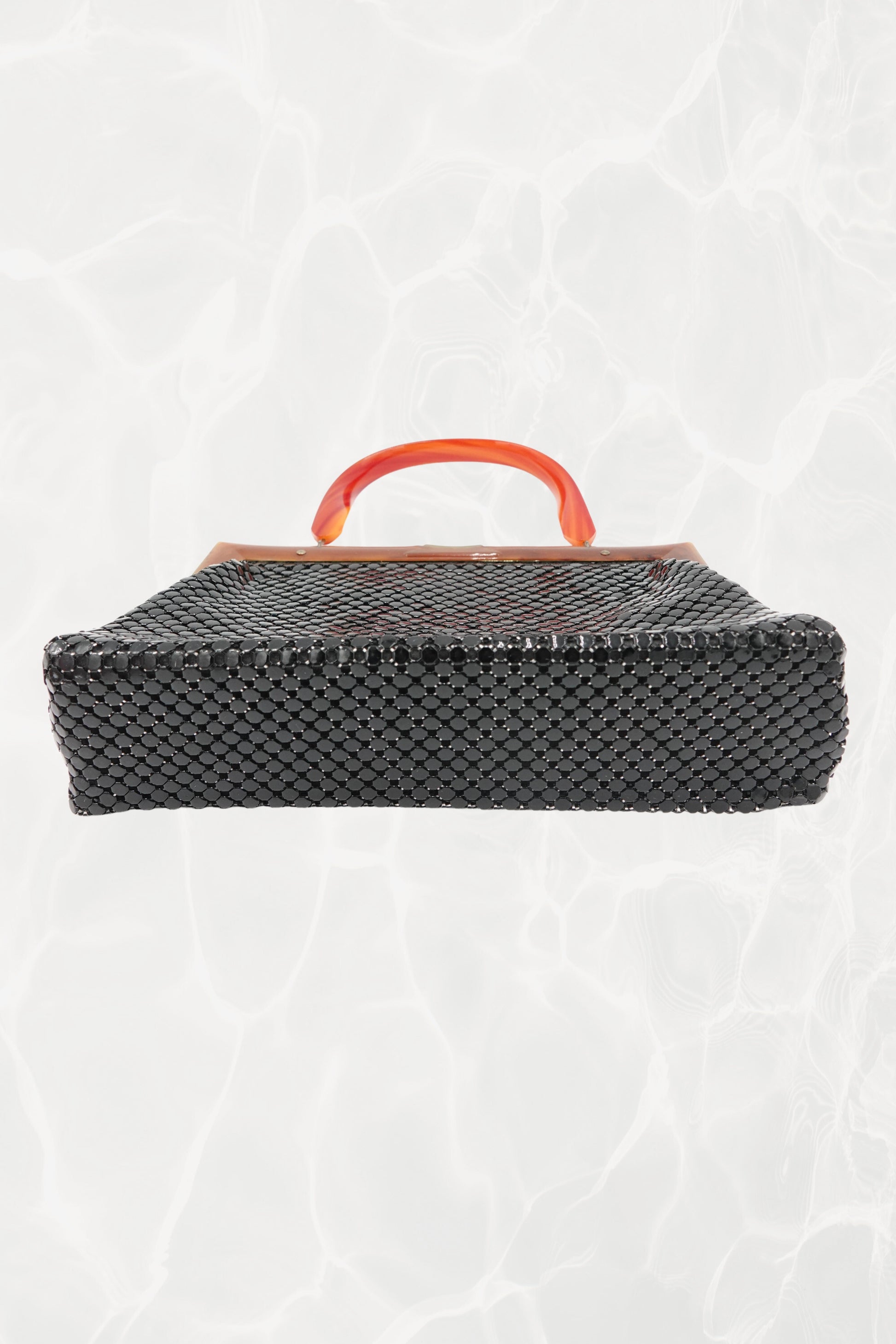Black Mesh Evening Bag with Orange Bakelite Handle