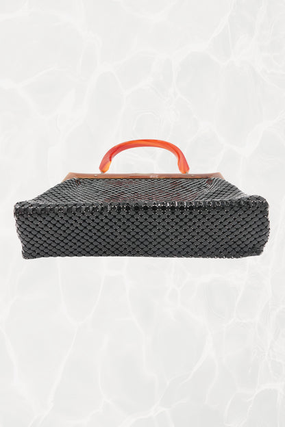 Black Mesh Evening Bag with Orange Bakelite Handle