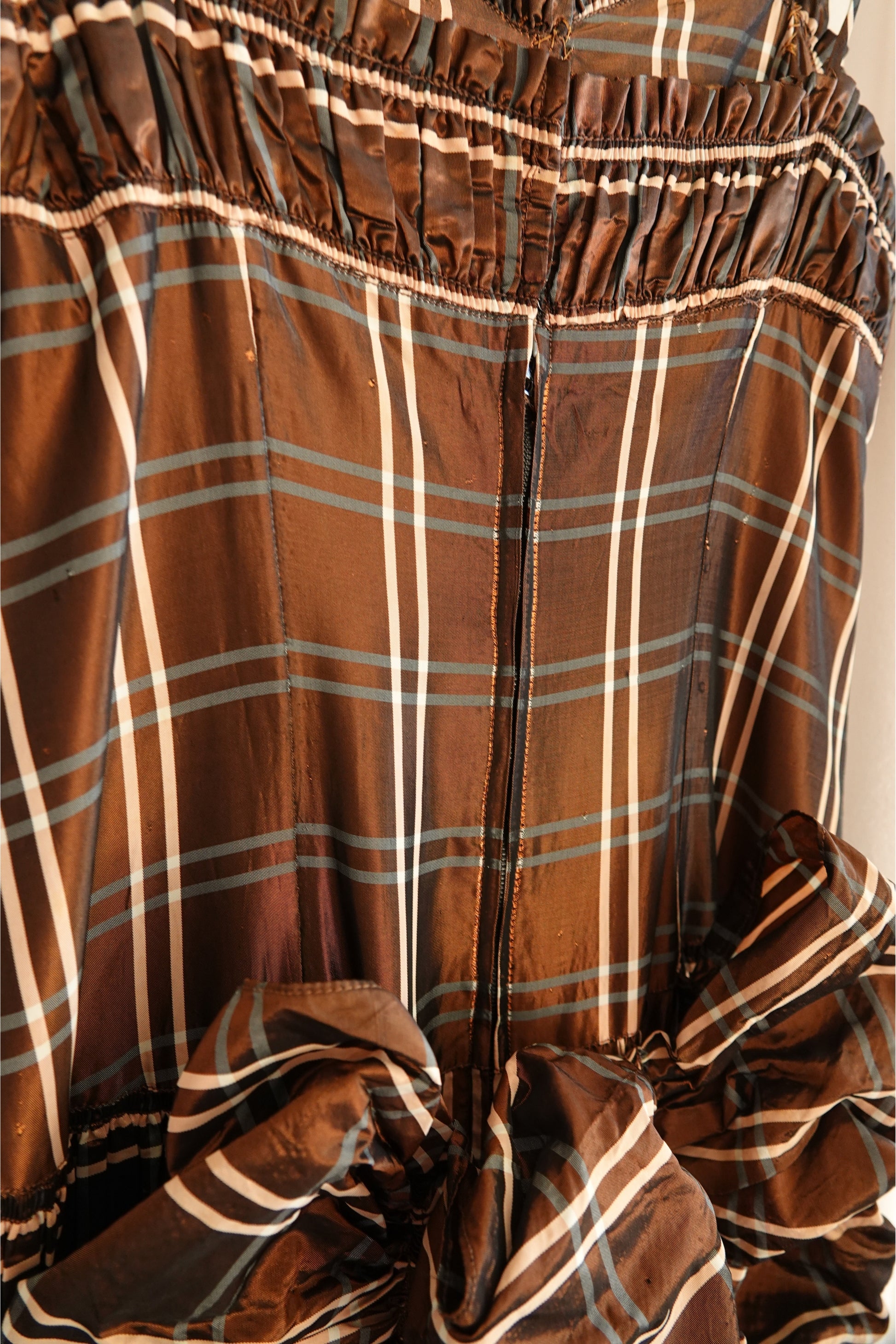 Party Lines by Domb 1940s brown plaid taffeta gown, snag detail at hem — Disco Palma