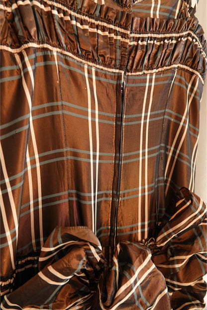 Party Lines by Domb 1940s brown plaid taffeta gown, snag detail at hem — Disco Palma