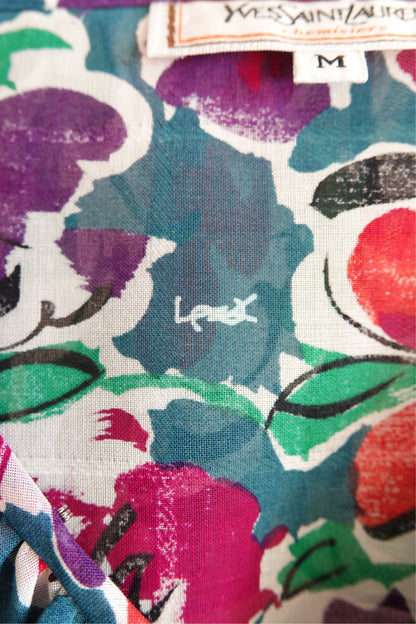 Yves Saint Laurent floral cotton two-piece set, fabric texture — Disco Palma