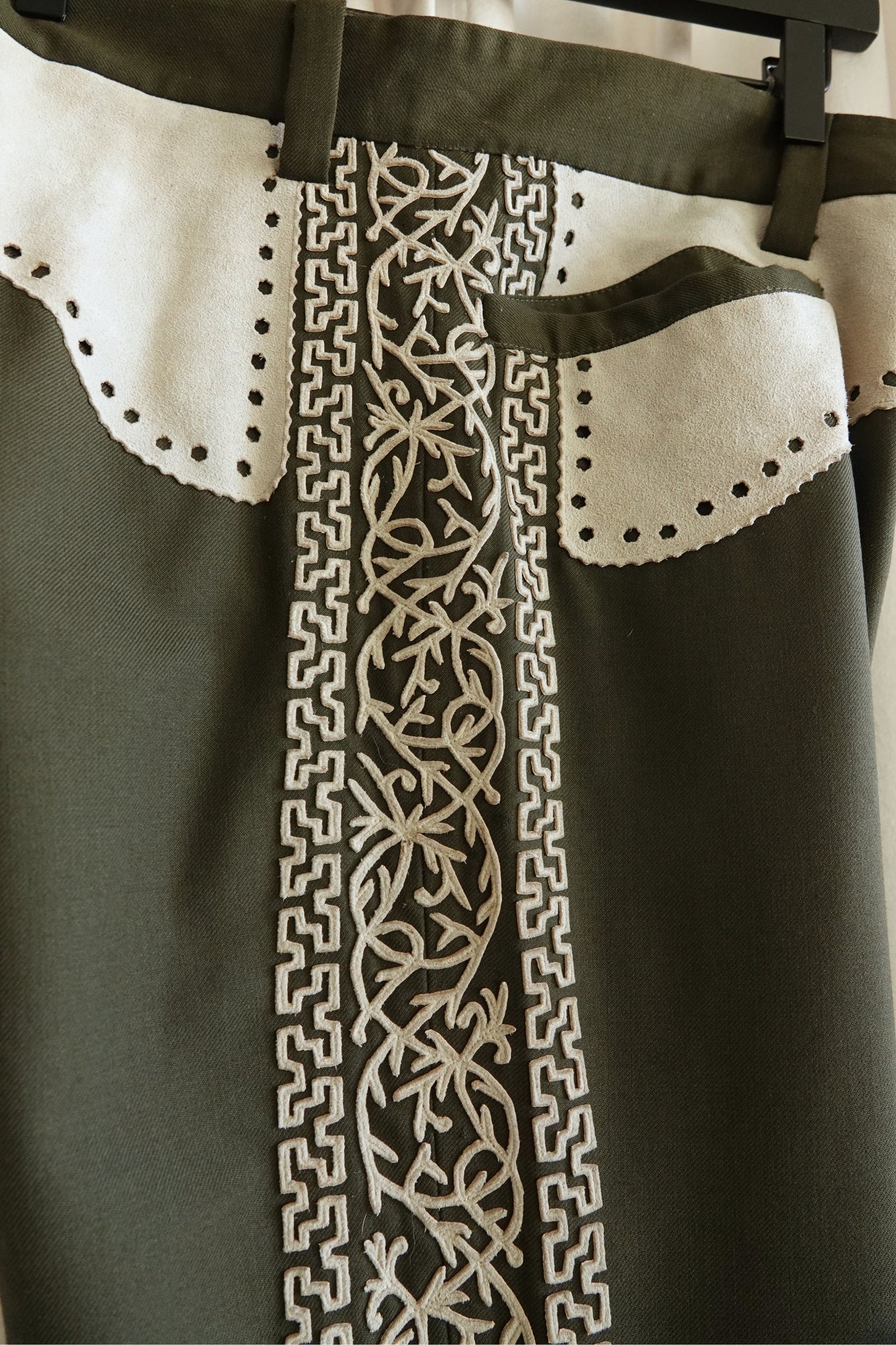 Vintage 1970s Olive Embroidered Flare Trousers with Suede Appliqué