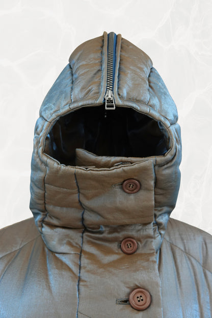 Fall 1993 Runway Iridescent Quilted Cocoon Coat with Hood