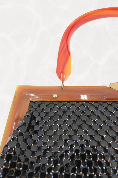 Black Mesh Evening Bag with Orange Bakelite Handle