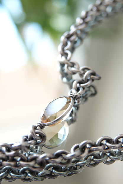 Vintage Sterling Silver Double-Link Chain Necklace with Faceted Citrine