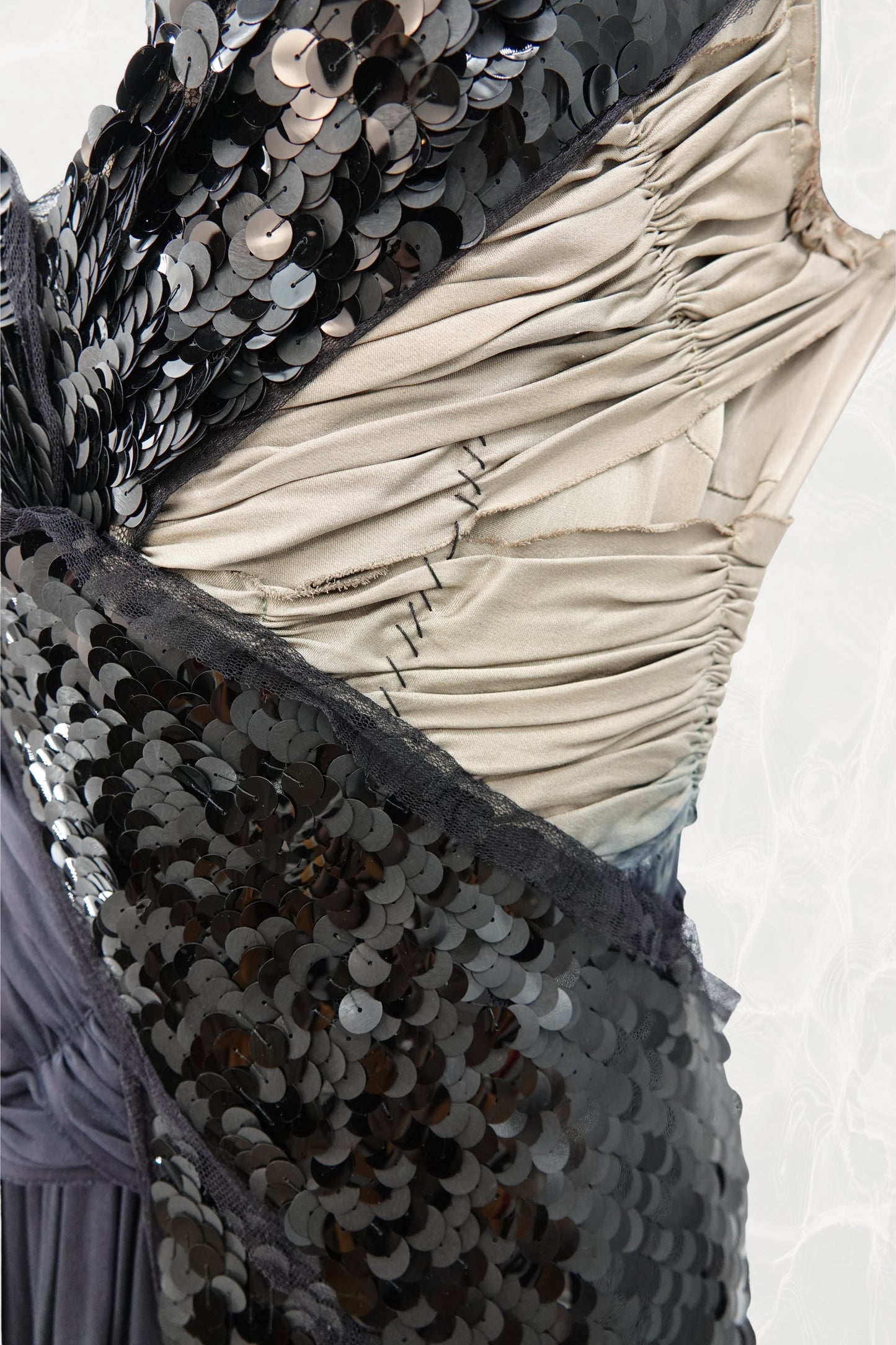 SS04 Asymmetric Silk  Navy Evening Gown with Sequin Wrap Panel