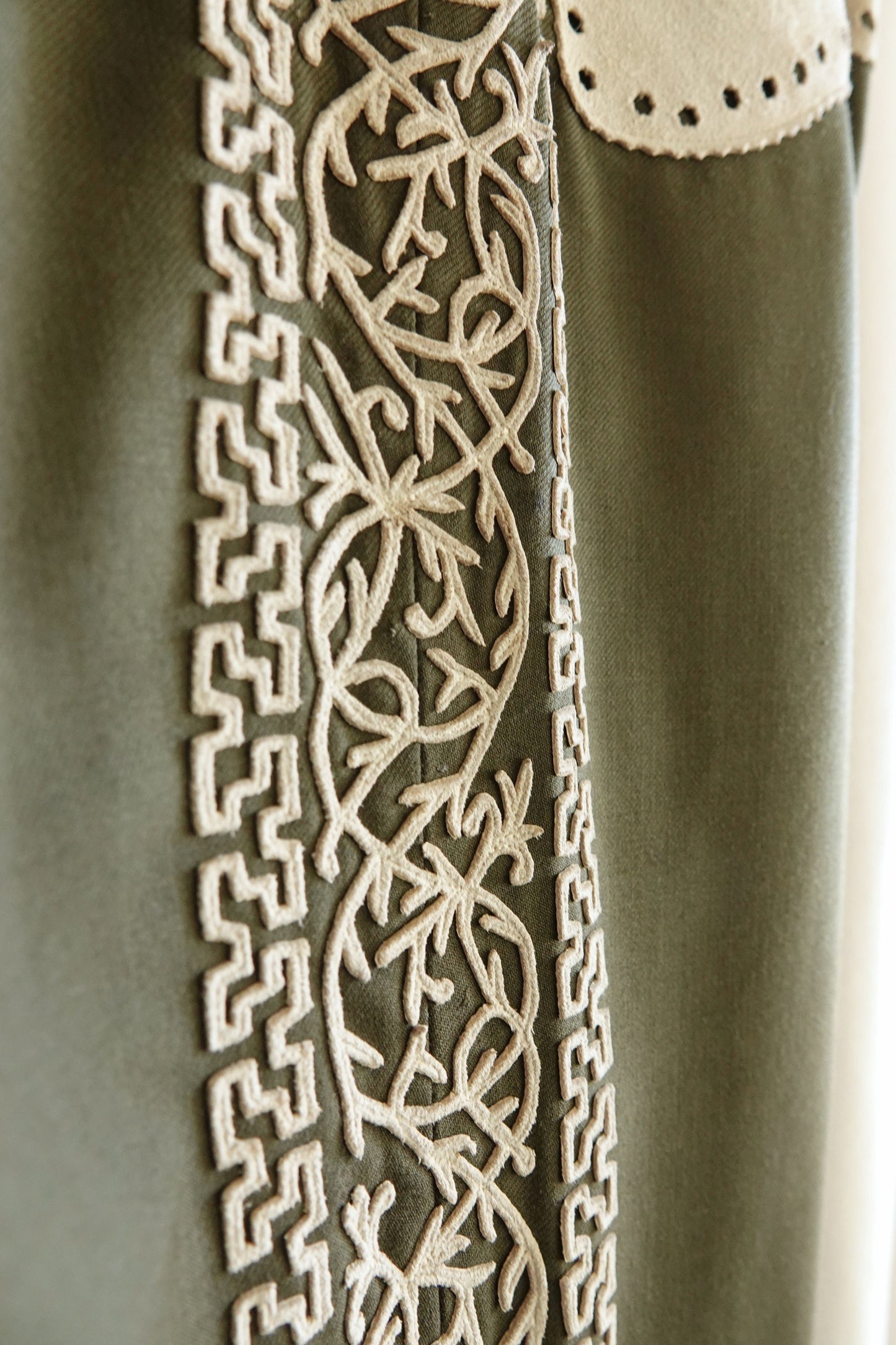 Vintage 1970s Olive Embroidered Flare Trousers with Suede Appliqué
