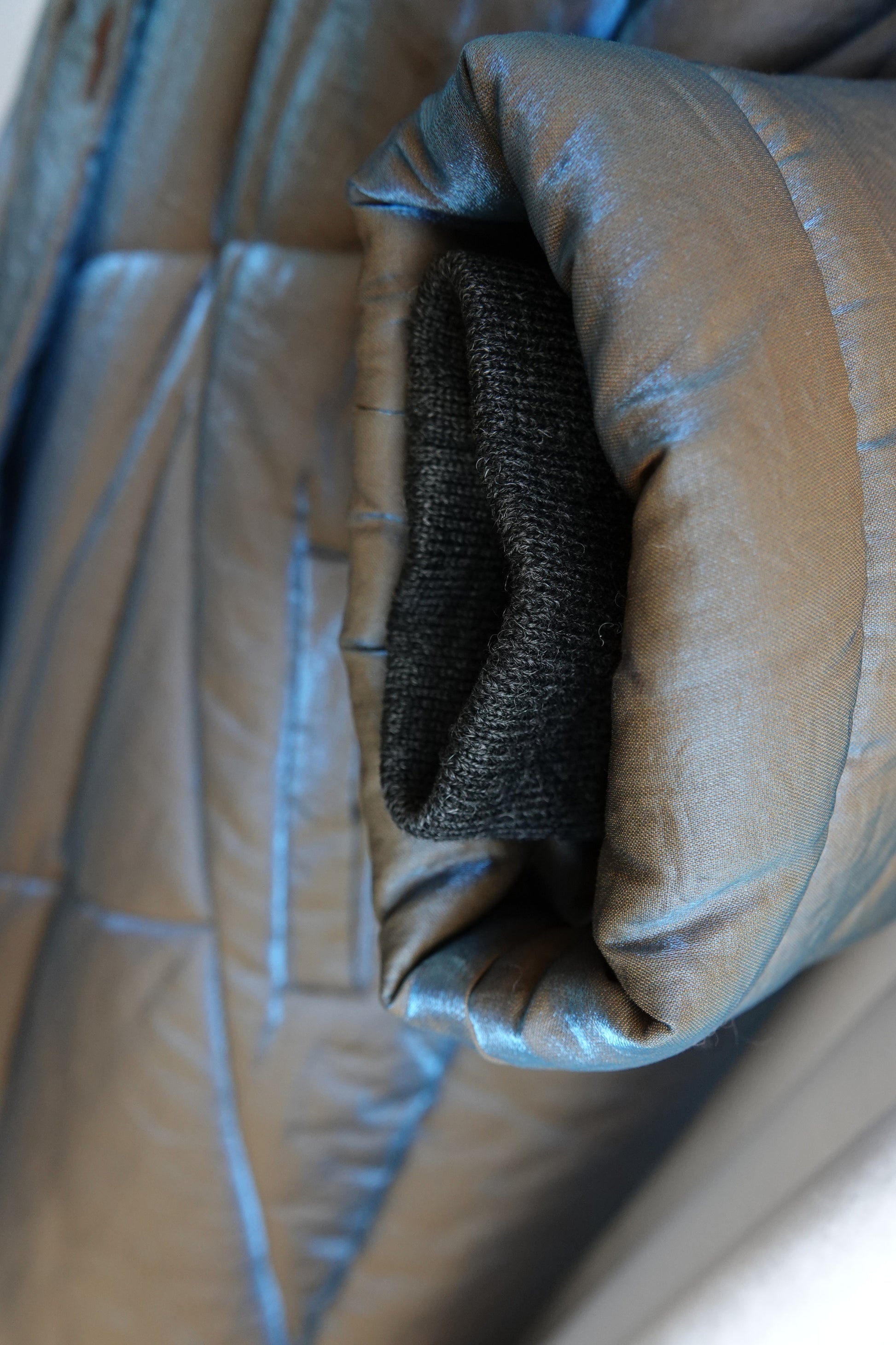 Fall 1993 Runway Iridescent Quilted Cocoon Coat with Hood