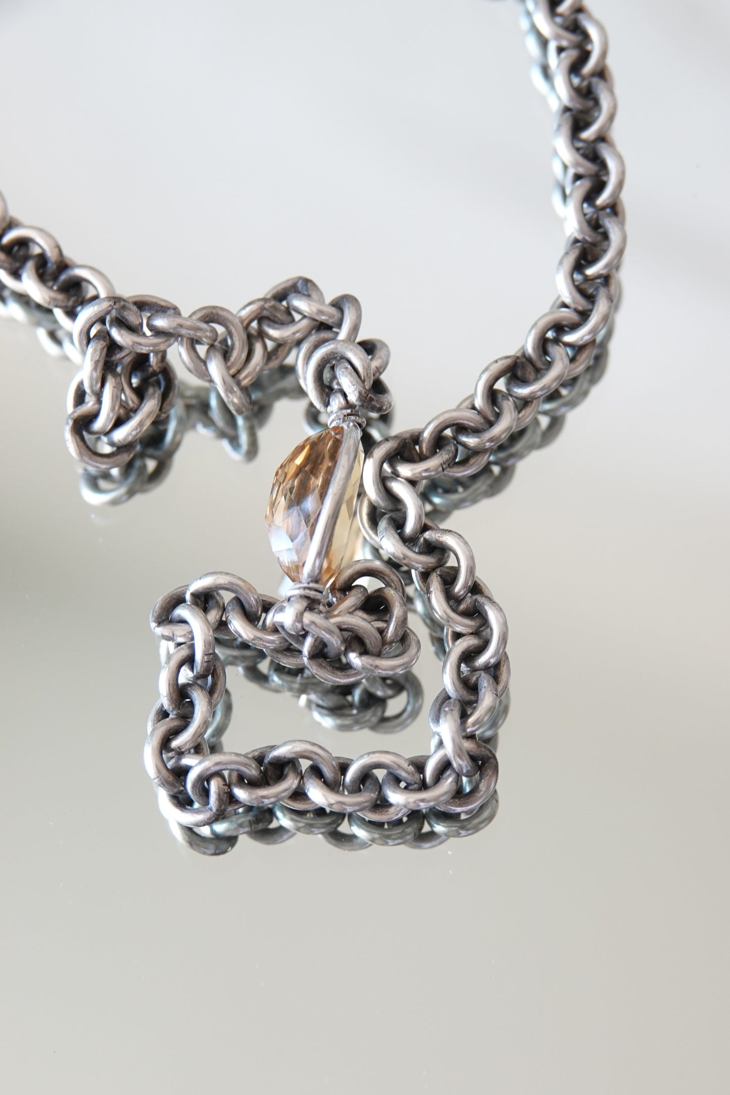 Vintage Sterling Silver Double-Link Chain Necklace with Faceted Citrine