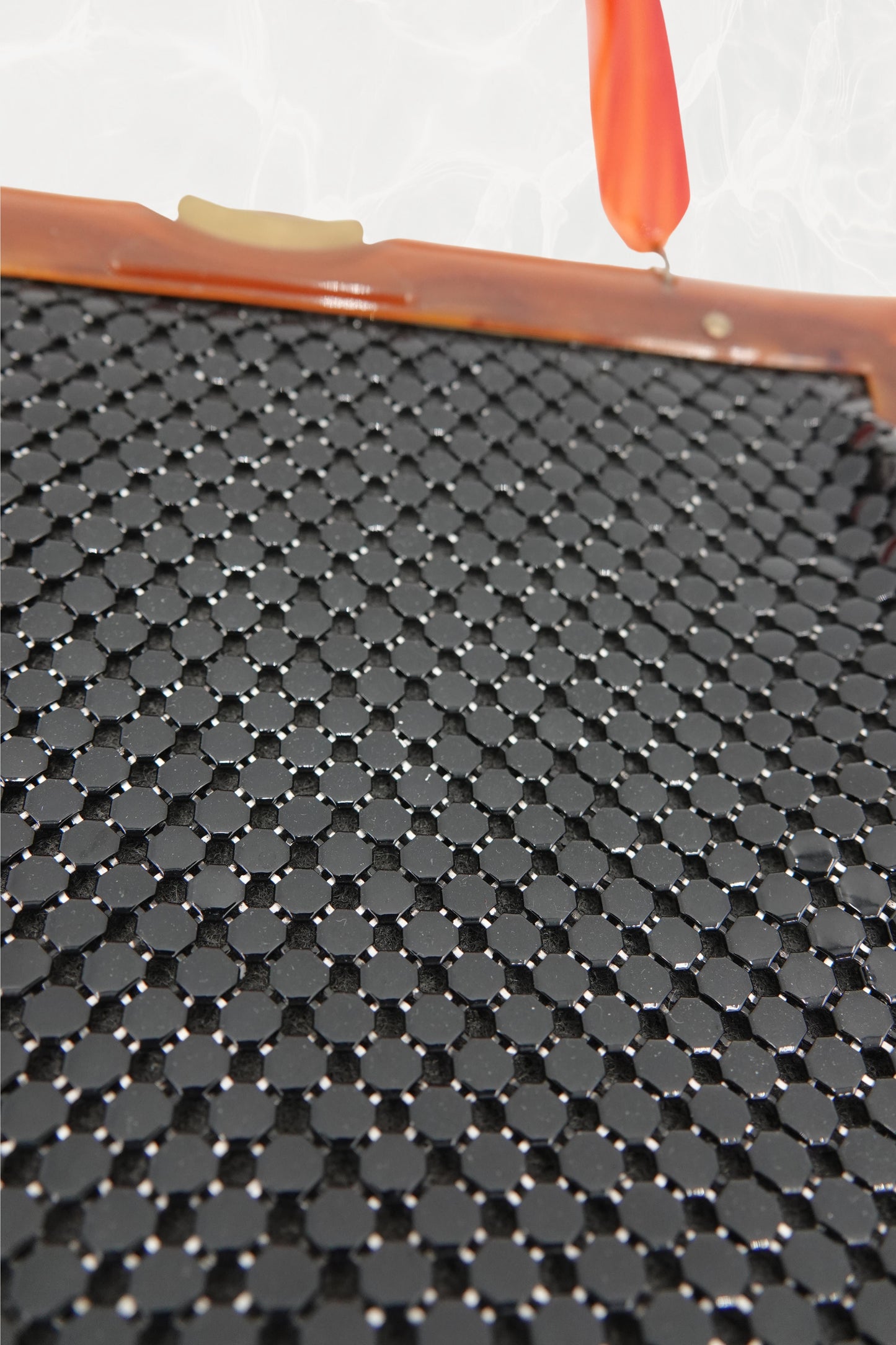 Black Mesh Evening Bag with Orange Bakelite Handle
