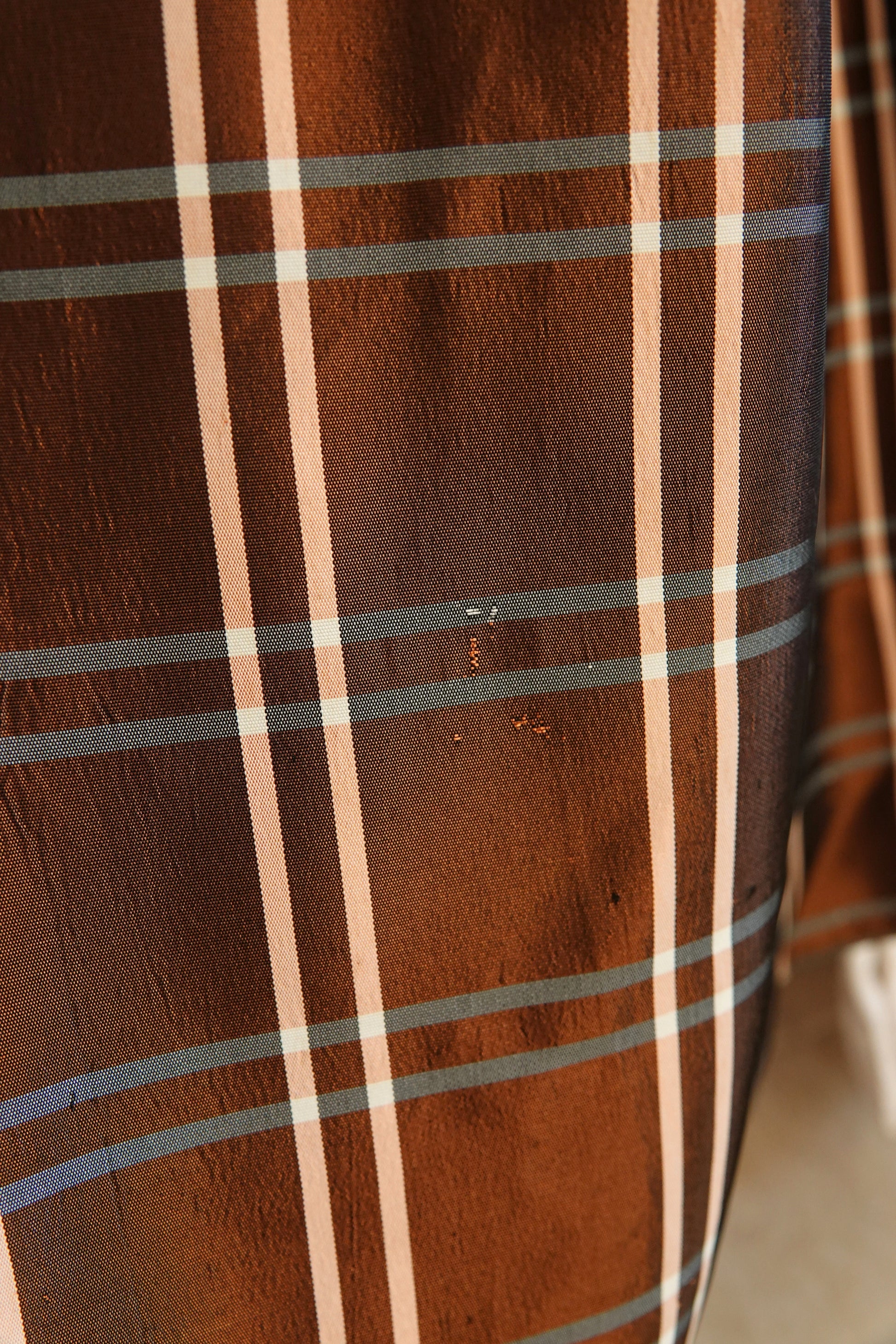 Party Lines by Domb 1940s brown plaid taffeta gown, Made in California label — Disco Palma