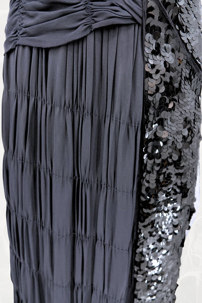 SS04 Asymmetric Silk  Navy Evening Gown with Sequin Wrap Panel