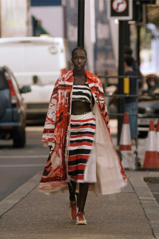 Marni by Francesco Risso SS21 Brushstroke Painted Stripe Fringed Wrap Midi Skirt