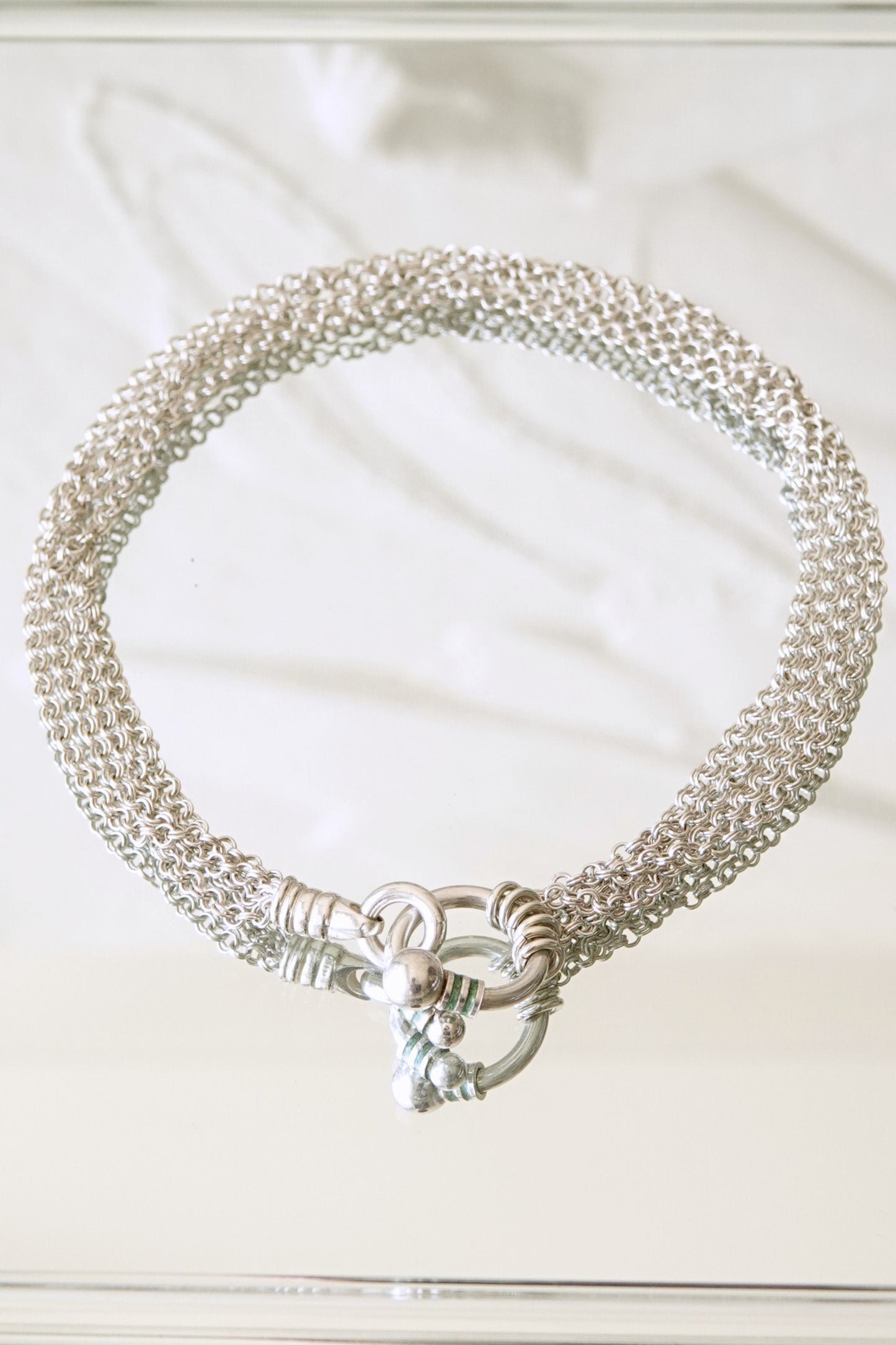 Tiffany & Co. 80s-90s .925 sterling silver multi-strand mesh toggle bracelet, vintage designer jewelry