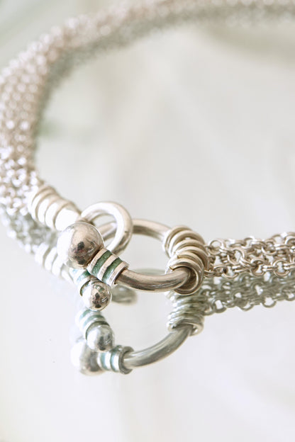 Tiffany & Co. 80s-90s .925 sterling silver multi-strand mesh toggle bracelet, vintage designer jewelry