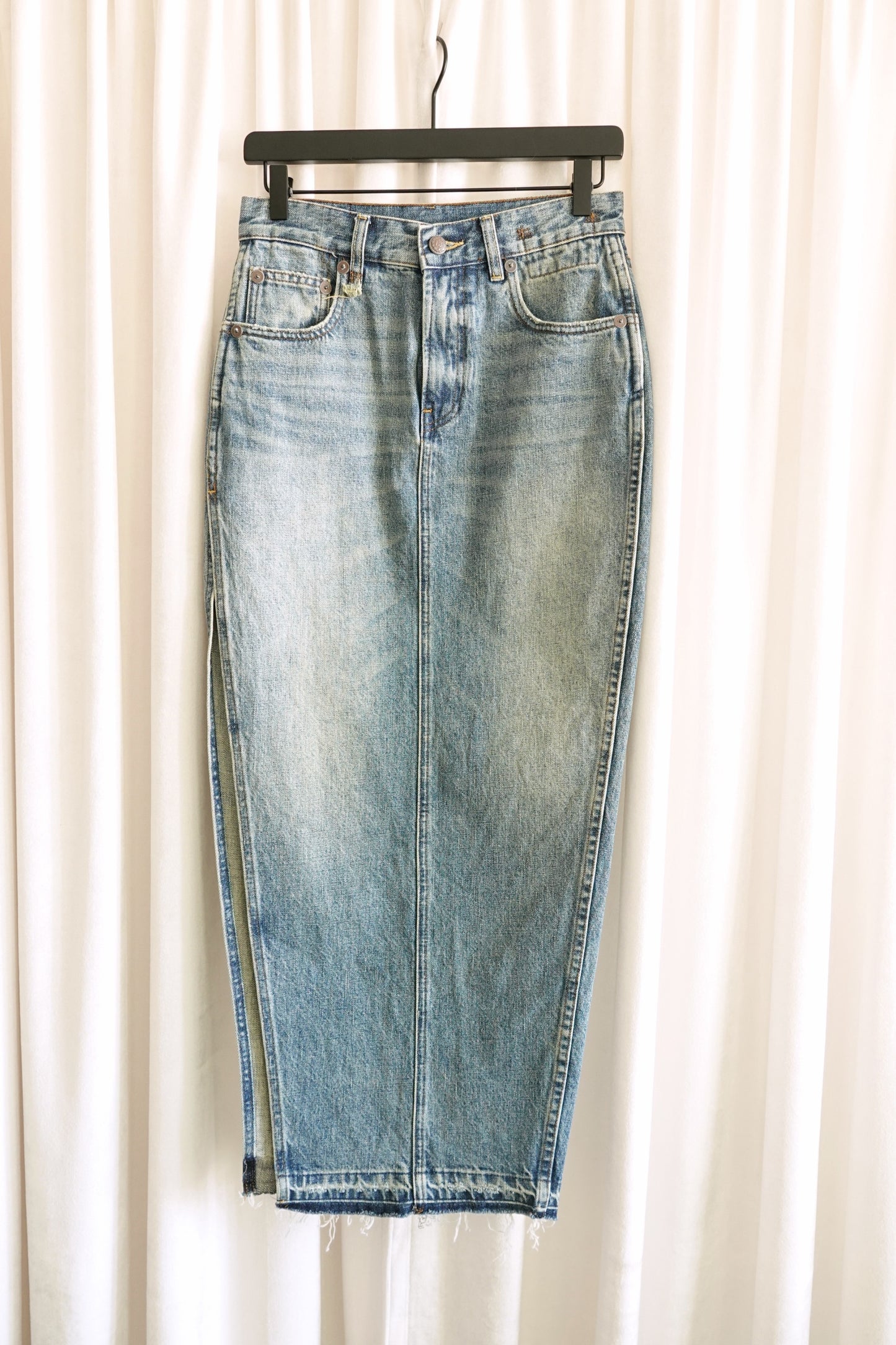 Light Wash Japanese Denim Maxi Pencil Skirt with Side Slit
