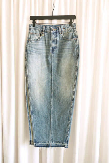 Light Wash Japanese Denim Maxi Pencil Skirt with Side Slit