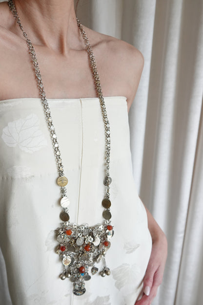 Moroccan Amazigh (Berber) Silver Bib Necklace with Carnelian & Coin Charms
