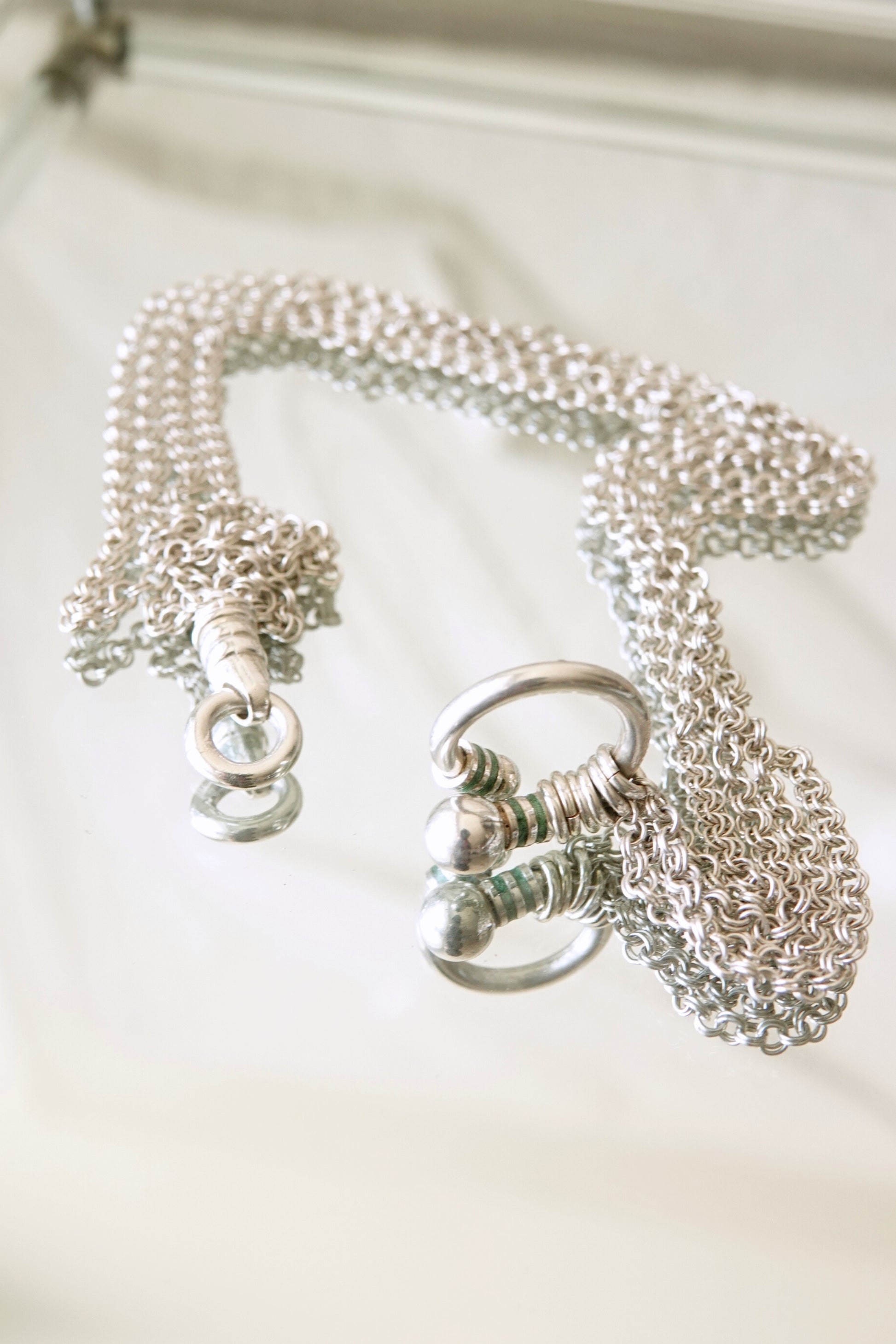 Tiffany & Co. 80s-90s .925 sterling silver multi-strand mesh toggle bracelet, vintage designer jewelry