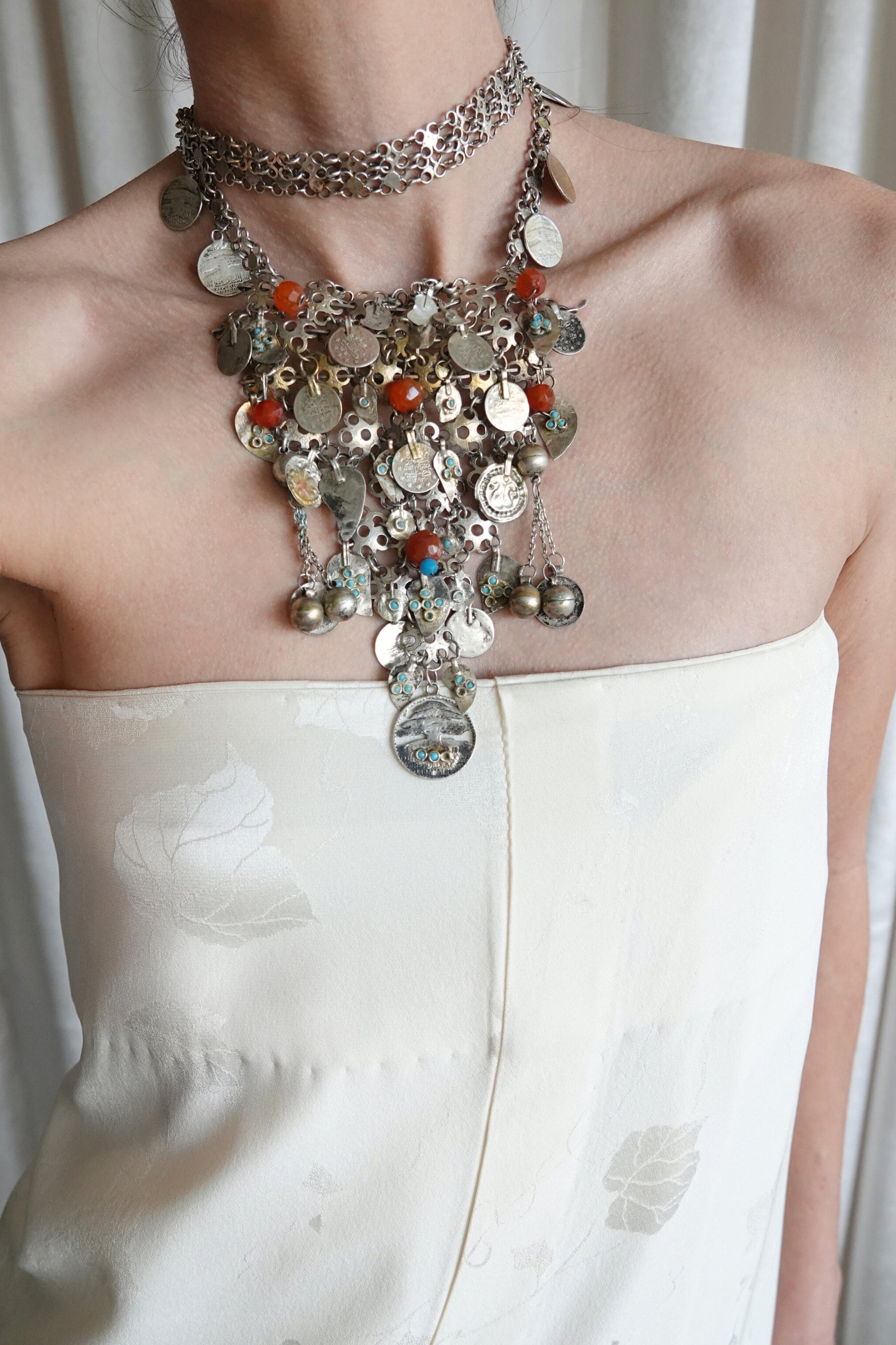 Moroccan Amazigh (Berber) Silver Bib Necklace with Carnelian & Coin Charms