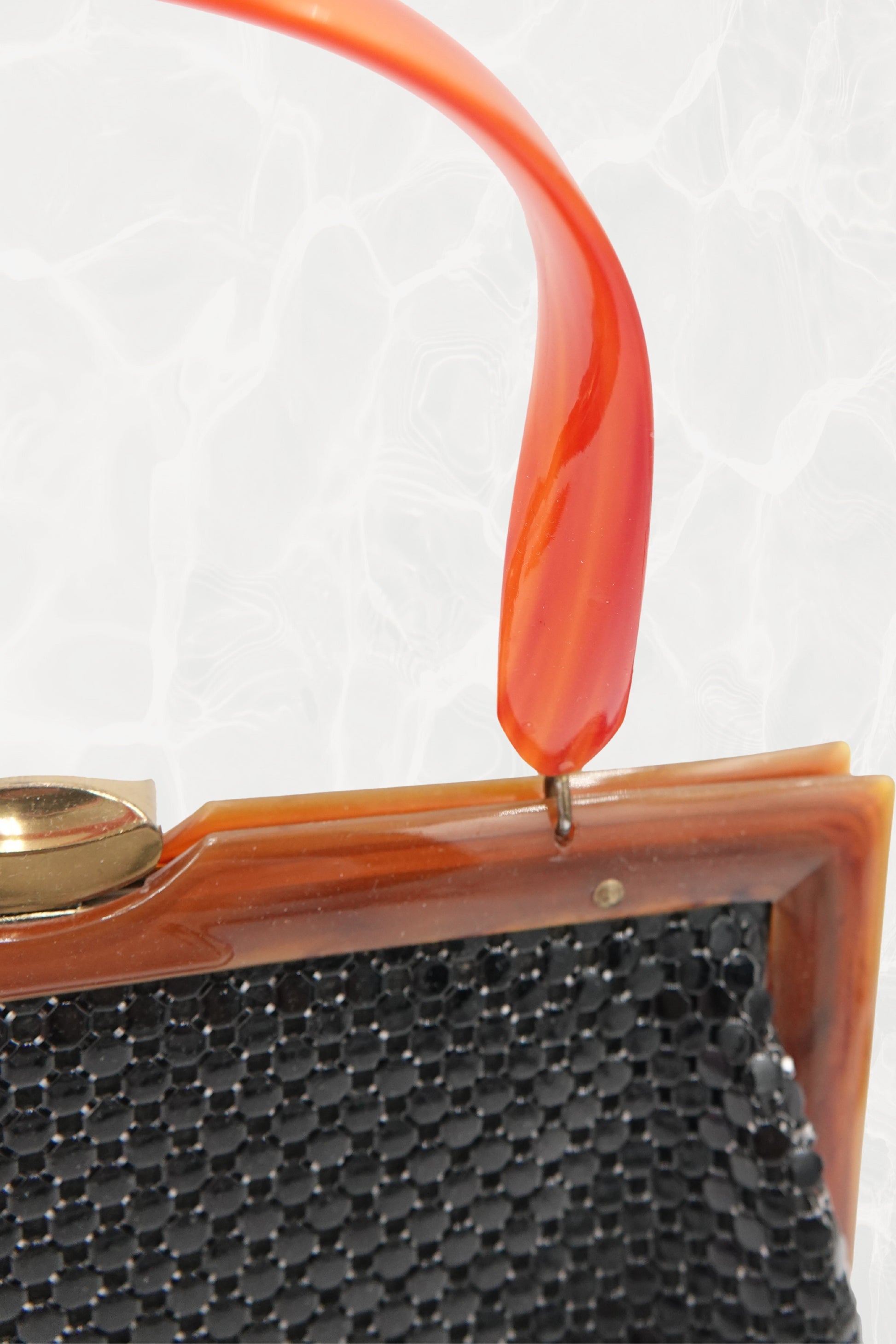 Black Mesh Evening Bag with Orange Bakelite Handle