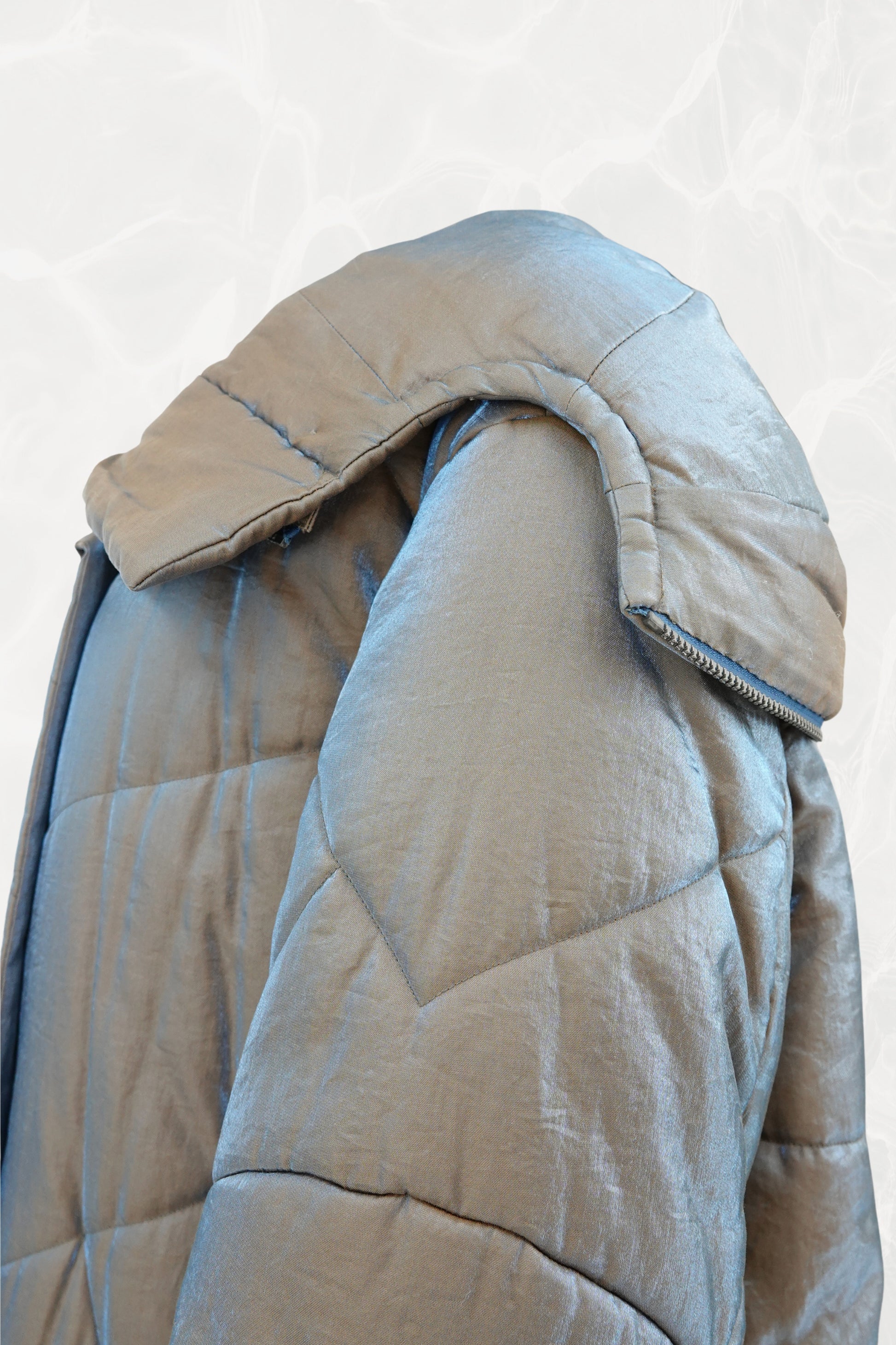 Fall 1993 Runway Iridescent Quilted Cocoon Coat with Hood