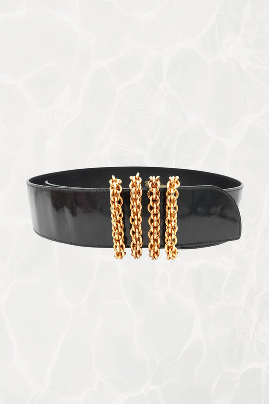 Vintage Black Patent Leather Belt with Chunky Gold Hardware