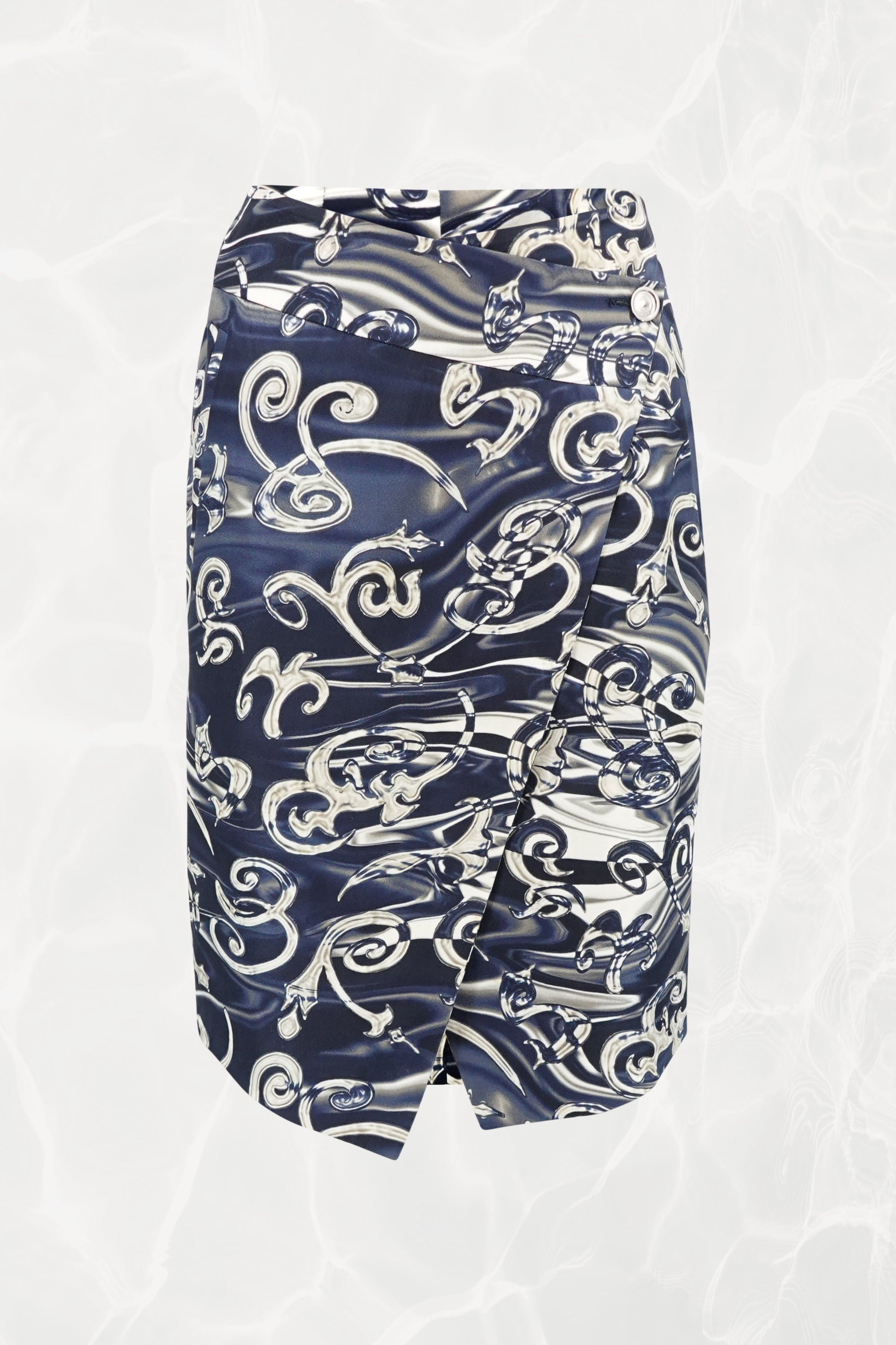 Vintage Silk Twill Filigree Print Wrap Pencil Skirt, C. Late 90's - Early 00's
