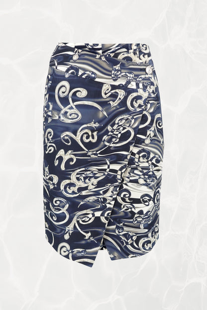 Vintage Silk Twill Filigree Print Wrap Pencil Skirt, C. Late 90's - Early 00's