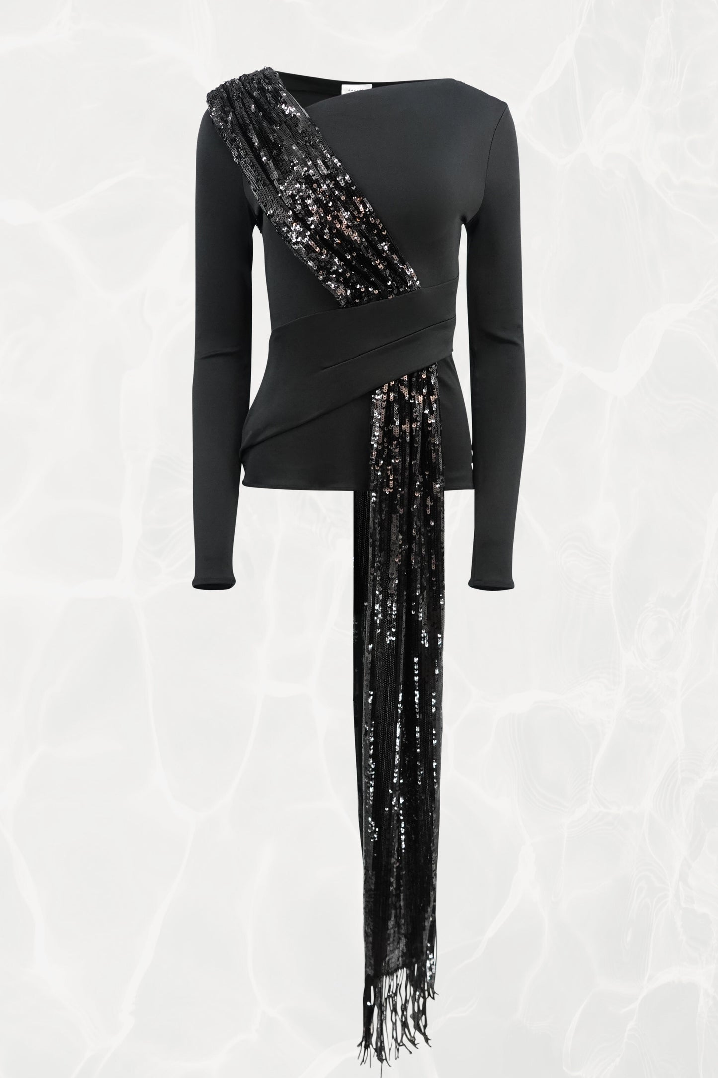 Asymmetrical Black Sequin Sash Long Sleeved Jersey Top NWT