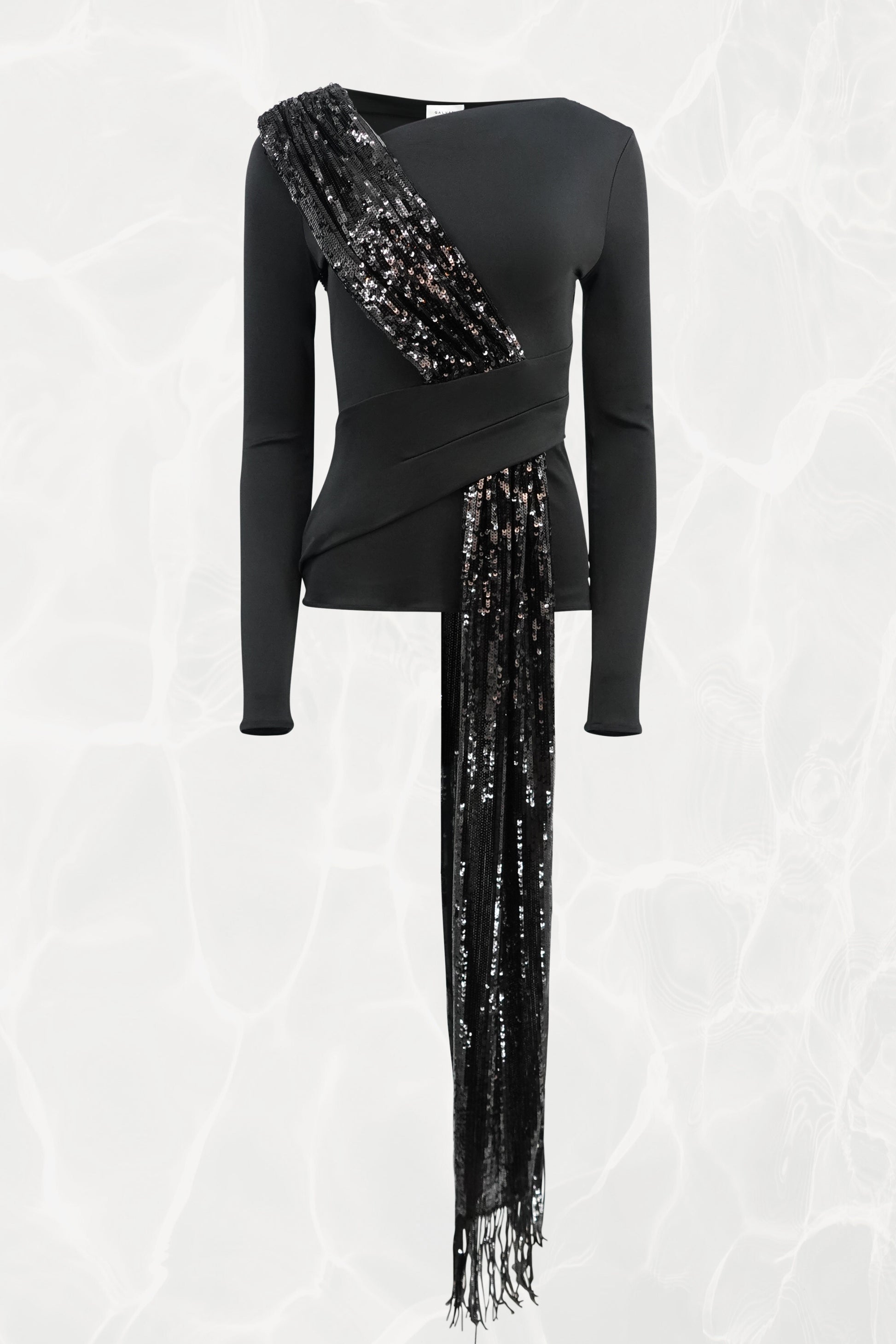 Asymmetrical Black Sequin Sash Long Sleeved Jersey Top NWT