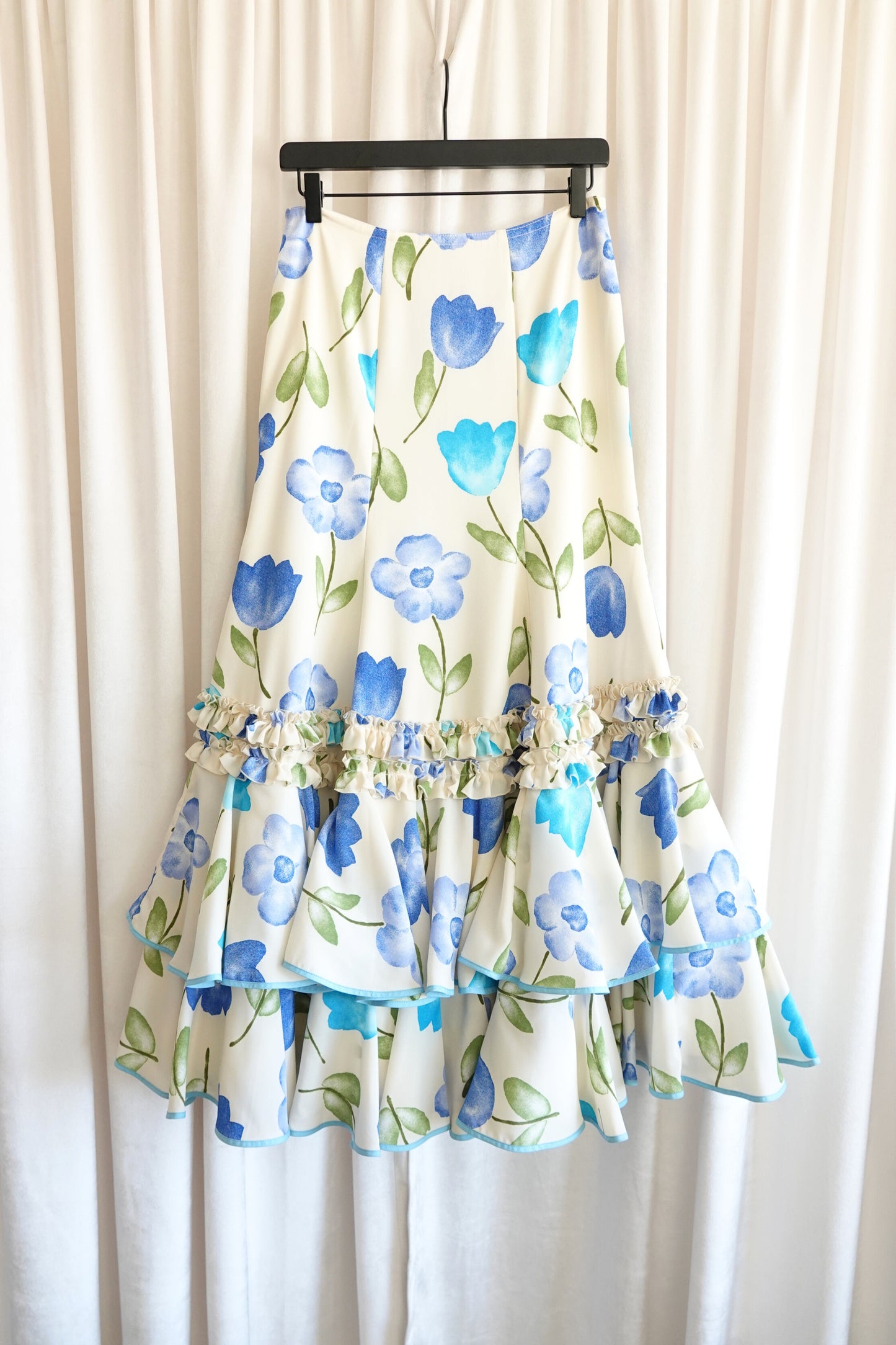 Late 1970s–Early 1980s Watercolor Floral Drop-Waist Tiered Crepe Maxi Skirt, YSL Rive Gauche Style