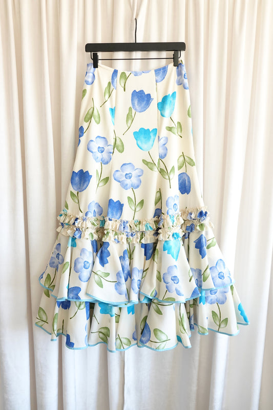 Late 1970s–Early 1980s Watercolor Floral Drop-Waist Tiered Crepe Maxi Skirt, YSL Rive Gauche Style