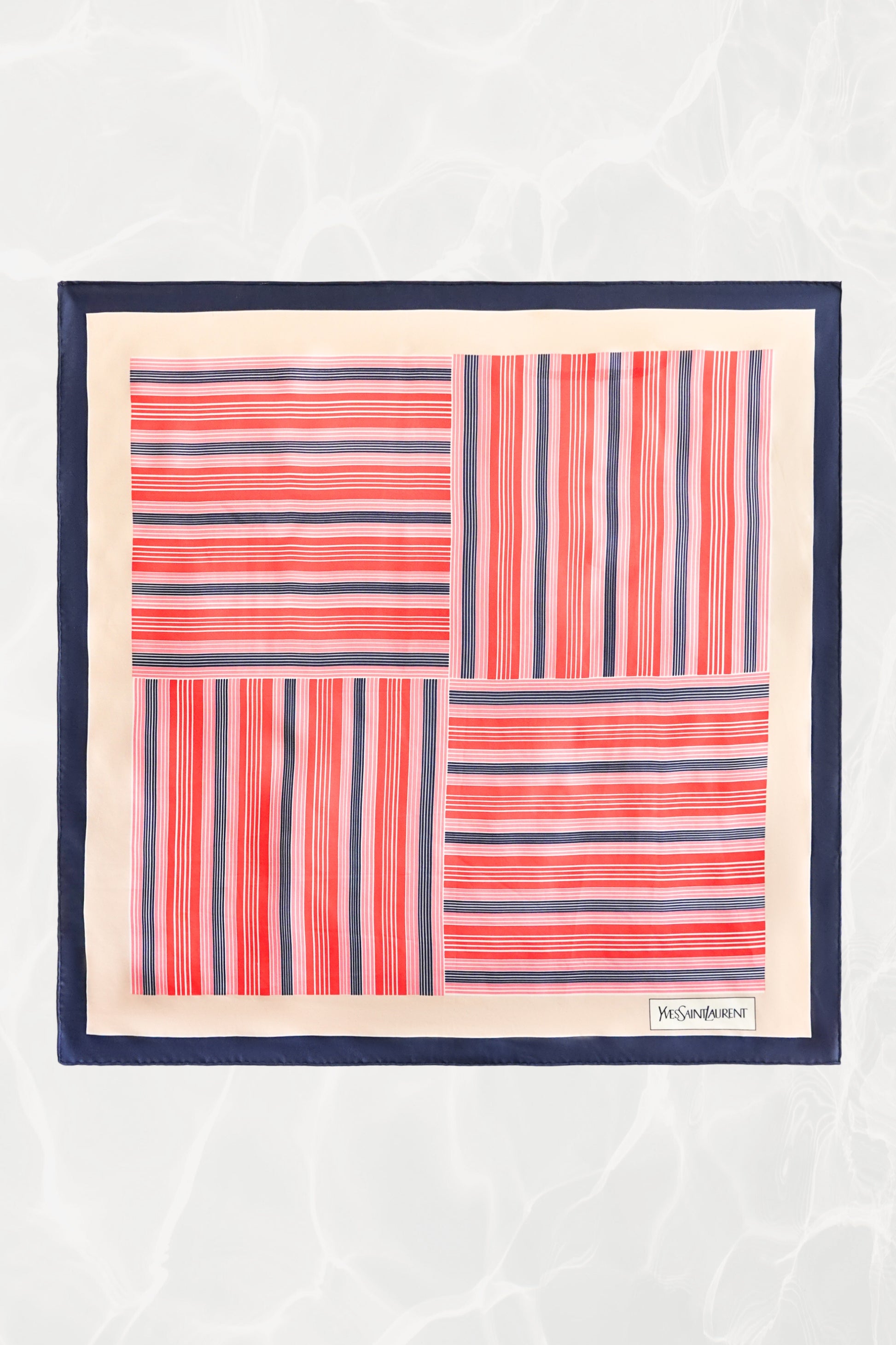 Late 1970s early 1980s YSL Yves Saint Laurent silk scarf: full front view showing bold geometric stripe pattern laid flat on neutral background