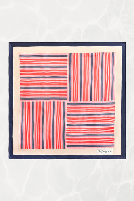 Late 1970s early 1980s YSL Yves Saint Laurent silk scarf: full front view showing bold geometric stripe pattern laid flat on neutral background