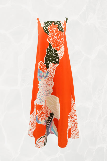 Marimekko 1978 orange abstract print maxi dress, front view — Disco Palma