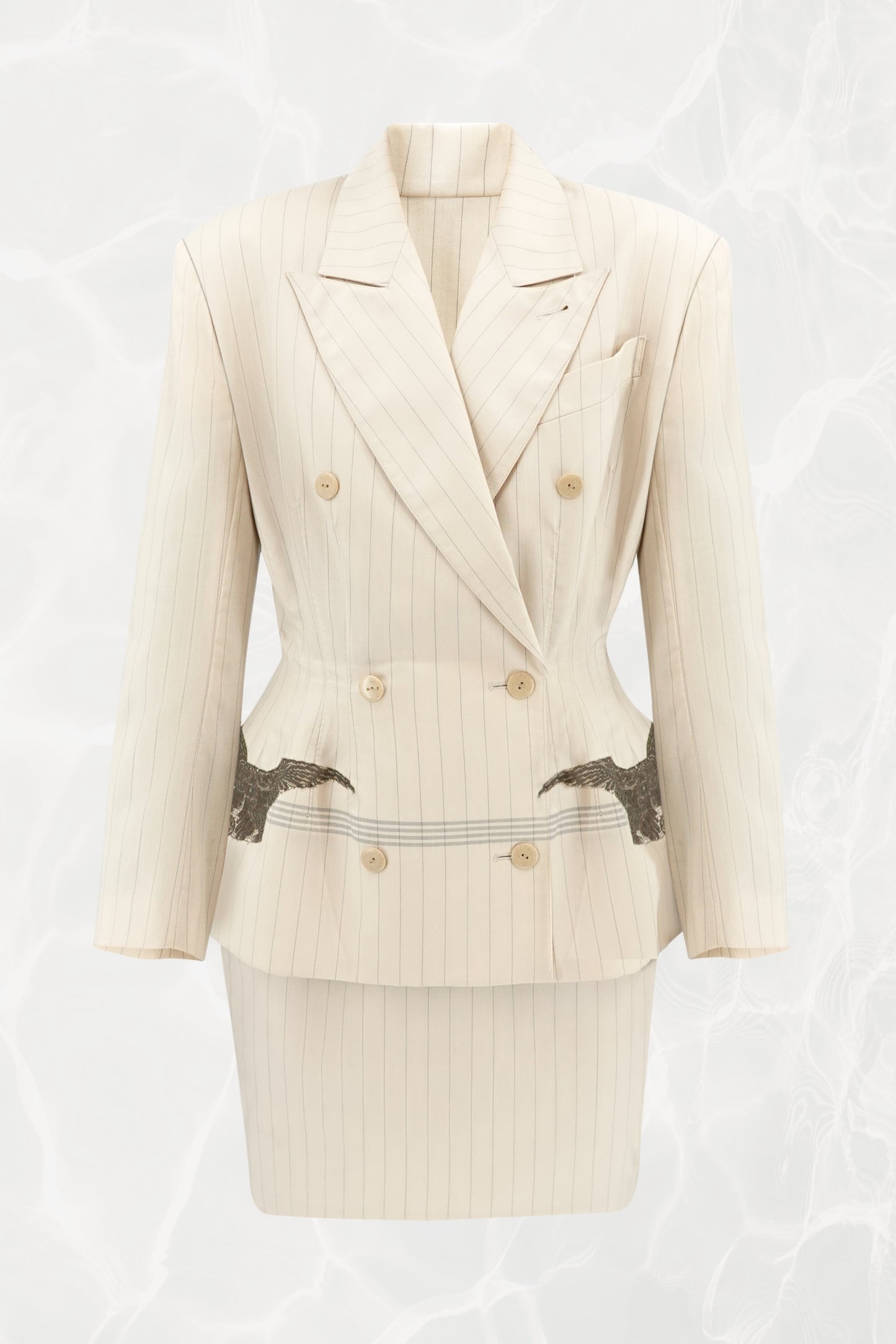 SS88 Pinstripe Tailored Skirt Suit with Lace Eagle Appliqué