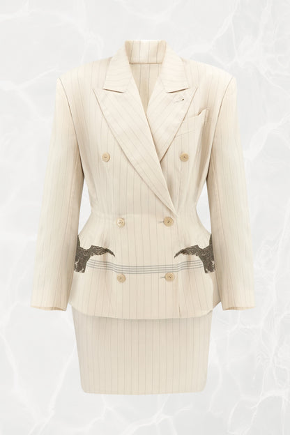SS88 Pinstripe Tailored Skirt Suit with Lace Eagle Appliqué