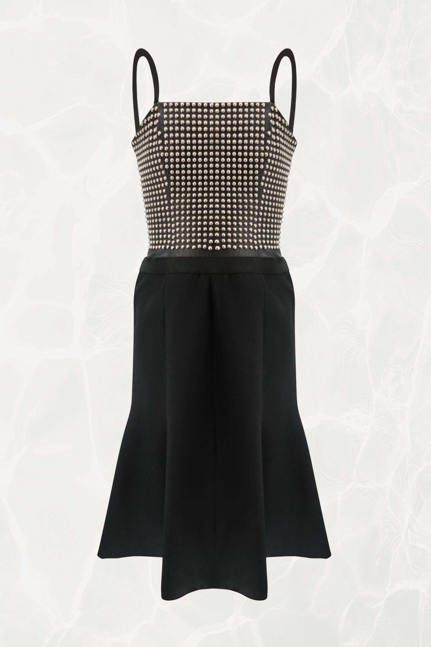 Loewe by Narciso Rodriguez AW01 studded leather dress front view: full metal-studded leather corset bodice with elastic shoulder straps and paneled black silk flare skirt, AW2001